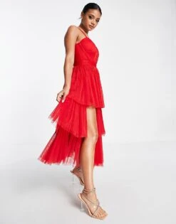 Lace & Beads Corset Tiered Tulle Midi Dress In Red For Women -Doll Wear Style 201309175 3