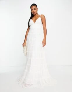 Lace & Beads Plunge Tiered Maxi Dress In White For Women -Doll Wear Style 202516657 1 white 1