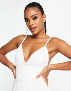 Lace & Beads Plunge Tiered Maxi Dress In White For Women -Doll Wear Style 202516657 3