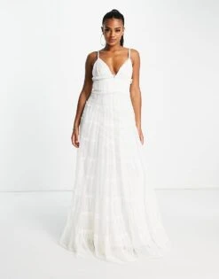 Lace & Beads Plunge Tiered Maxi Dress In White For Women -Doll Wear Style 202516657 4