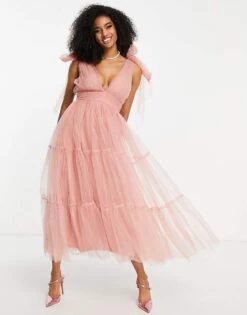 Lace & Beads Bridesmaid Tiered Midaxi Dress In Blush For Women