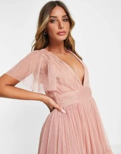 Lace & Beads Bridesmaid Madison V Neck Tulle Dress In Blush For Women -Doll Wear Style 202609865 3
