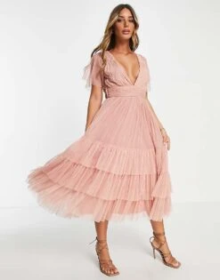 Lace & Beads Bridesmaid Madison V Neck Tulle Dress In Blush For Women -Doll Wear Style 202609865 4
