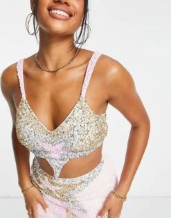 Lace & Beads Exclusive Star Crop Top Co-ord In Sequin For Women Pink/gold