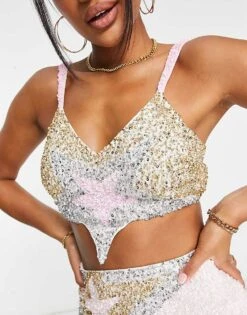 Lace & Beads Exclusive Star Crop Top Co-ord In Sequin For Women Pink/gold -Doll Wear Style 202891629 3