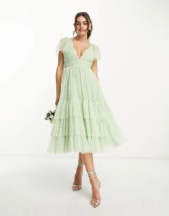 Lace & Beads Bridesmaid Madison V Neck Tulle Dress In Sage For Women -Doll Wear Style 204050708 1 sage 1