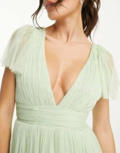 Lace & Beads Bridesmaid Madison V Neck Tulle Dress In Sage For Women -Doll Wear Style 204050708 3