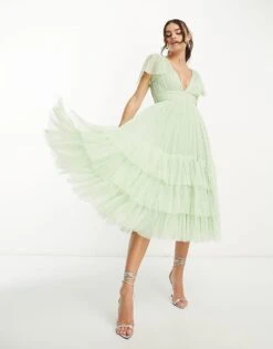 Lace & Beads Bridesmaid Madison V Neck Tulle Dress In Sage For Women -Doll Wear Style 204050708 4