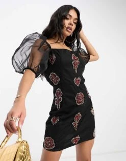Lace & Beads Exclusive Sheer Puff Sleeve Bodycon Mini Dress In Mixed Applique For Women Multi-colour