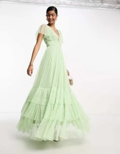 Lace & Beads Bridesmaid Madison V Neck Tulle Maxi Dress In Sage For Women