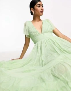 Lace & Beads Bridesmaid Madison V Neck Tulle Maxi Dress In Sage For Women -Doll Wear Style 204804808 3