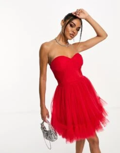 Lace & Beads Corset Tulle Overlay Mini Dress In Red For Women