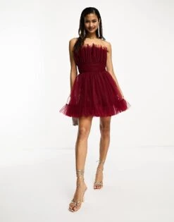 Lace & Beads Bandeau Tulle Mini Dress In Astro Dust For Women Astro Dust Red -Doll Wear Style 205600659 3