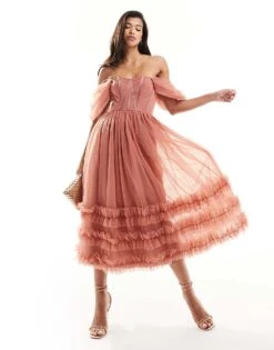 Lace & Beads Off Shoulder Ruffle Tulle Midaxi Dress In Dusky Pink For Women