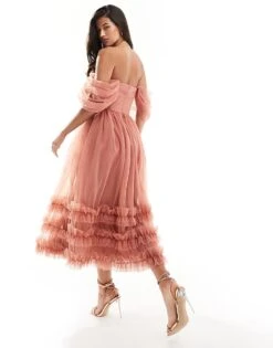 Lace & Beads Off Shoulder Ruffle Tulle Midaxi Dress In Dusky Pink For Women -Doll Wear Style 205985101 4