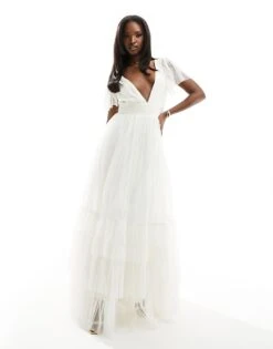 Lace & Beads Bridal Madison V Neck Tulle Maxi Dress In Ivory For Women -Doll Wear Style 205985103 4