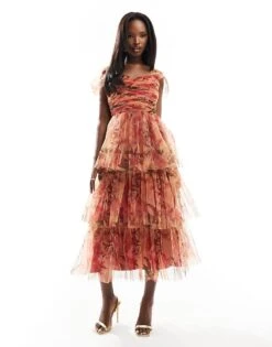Lace & Beads Tiered Tulle Midi Dress In Abstract Print For Women -Doll Wear Style 205985126 3
