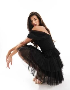 Lace & Beads Off Shoulder Corset Tulle Mini Dress In Black For Women