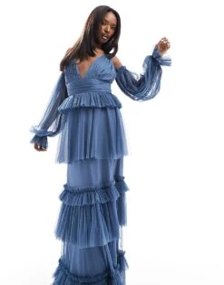 Lace & Beads Sheer Sleeve Tulle Tiered Maxi Dress In Blue For Women
