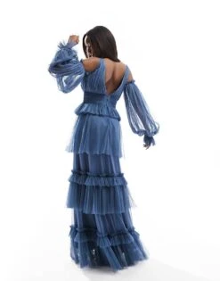 Lace & Beads Sheer Sleeve Tulle Tiered Maxi Dress In Blue For Women -Doll Wear Style 205985158 3