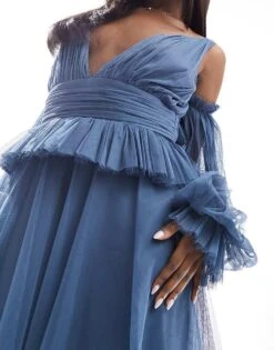 Lace & Beads Sheer Sleeve Tulle Tiered Maxi Dress In Blue For Women -Doll Wear Style 205985158 4