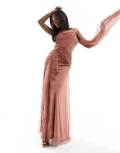 Lace & Beads Asymmetric Tulle Midaxi Dress In Rose Brown For Women -Doll Wear Style 205985173 1 rosebrown 1