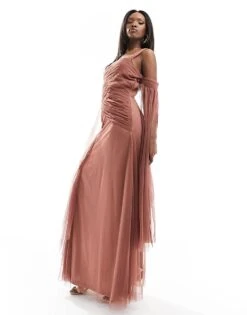 Lace & Beads Asymmetric Tulle Midaxi Dress In Rose Brown For Women -Doll Wear Style 205985173 3
