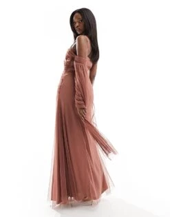 Lace & Beads Asymmetric Tulle Midaxi Dress In Rose Brown For Women -Doll Wear Style 205985173 4