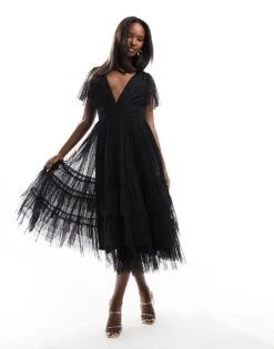 Lace & Beads Bridesmaid Madison V Neck Tulle Midi Dress In Black For Women -Doll Wear Style 205985174 1 black 1