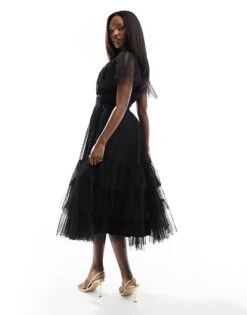 Lace & Beads Bridesmaid Madison V Neck Tulle Midi Dress In Black For Women -Doll Wear Style 205985174 2