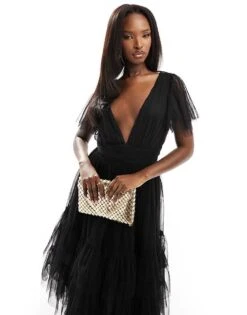 Lace & Beads Bridesmaid Madison V Neck Tulle Midi Dress In Black For Women -Doll Wear Style 205985174 4