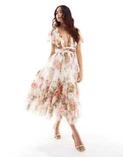 Lace & Beads Bridesmaid Madison V Neck Tulle Midi Dress In Bright Floral For Women -Doll Wear Style 206026994 1 brightfloral 1