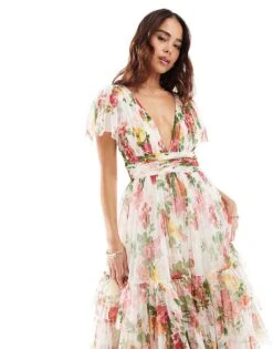 Lace & Beads Bridesmaid Madison V Neck Tulle Midi Dress In Bright Floral For Women -Doll Wear Style 206026994 2