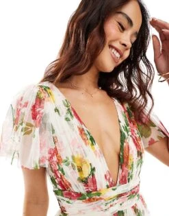 Lace & Beads Bridesmaid Madison V Neck Tulle Midi Dress In Bright Floral For Women -Doll Wear Style 206026994 4