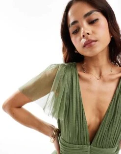 Lace & Beads Bridesmaid Madison V Neck Tulle Mini Dress In Soft Olive For Women -Doll Wear Style 206027010 3