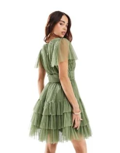Lace & Beads Bridesmaid Madison V Neck Tulle Mini Dress In Soft Olive For Women -Doll Wear Style 206027010 4