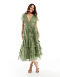 Lace & Beads Bridesmaid Madison V Neck Tulle Midi Dress In Soft Olive For Women -Doll Wear Style 206027018 1 softolive 1