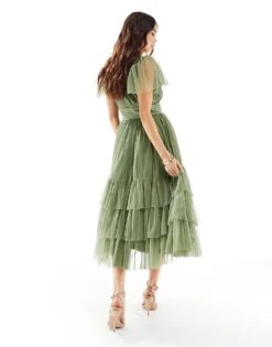 Lace & Beads Bridesmaid Madison V Neck Tulle Midi Dress In Soft Olive For Women -Doll Wear Style 206027018 2