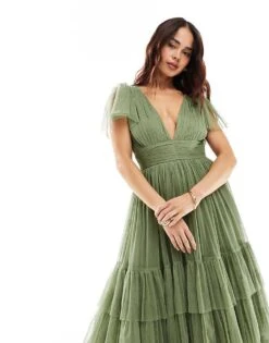 Lace & Beads Bridesmaid Madison V Neck Tulle Midi Dress In Soft Olive For Women -Doll Wear Style 206027018 4