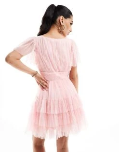 Lace & Beads Bridesmaid Madison V Neck Tulle Mini Dress In Soft Pink For Women -Doll Wear Style 206027026 3