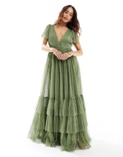 Lace & Beads Bridesmaid Madison V Neck Tulle Maxi Dress In Soft Olive For Women -Doll Wear Style 206027034 1 softolive 1