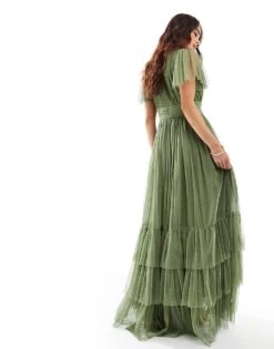 Lace & Beads Bridesmaid Madison V Neck Tulle Maxi Dress In Soft Olive For Women -Doll Wear Style 206027034 3