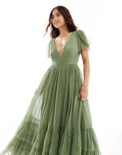 Lace & Beads Bridesmaid Madison V Neck Tulle Maxi Dress In Soft Olive For Women -Doll Wear Style 206027034 4