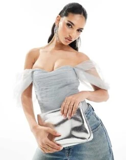 Lace & Beads Off Shoulder Tulle Bodysuit In Grey For Women -Doll Wear Style 206401919 1 grey 1