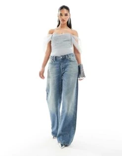 Lace & Beads Off Shoulder Tulle Bodysuit In Grey For Women -Doll Wear Style 206401919 3