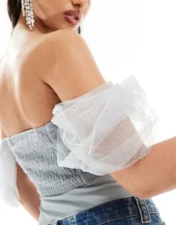 Lace & Beads Off Shoulder Tulle Bodysuit In Grey For Women -Doll Wear Style 206401919 4