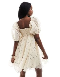 Lace & Beads Square Neck Babydoll Organza Mini Dress In Polka Dot For Women -Doll Wear Style 206422447 2