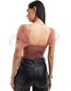 Lace & Beads Tulle Bardot Bodysuit In Rose Brown For Women -Doll Wear Style 206429309 4