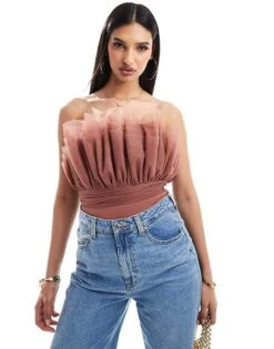 Lace & Beads Bandeau Tulle Bodysuit In Rose Brown For Women