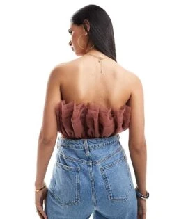 Lace & Beads Bandeau Tulle Bodysuit In Rose Brown For Women -Doll Wear Style 206429319 3